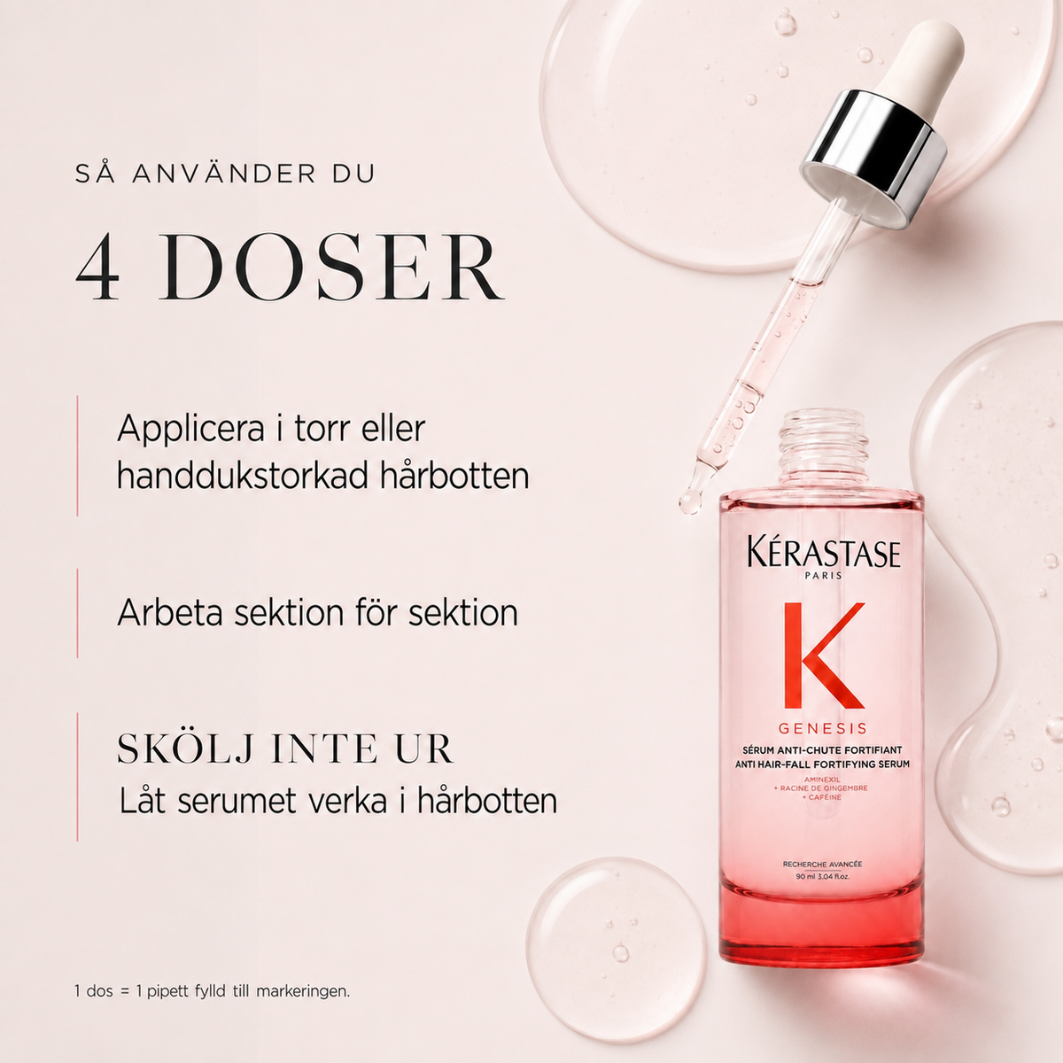 Så använder du Kérastase Genesis Serum Anti-Chute Fortifiant – 4 doser i torr eller handdukstorkad hårbotten