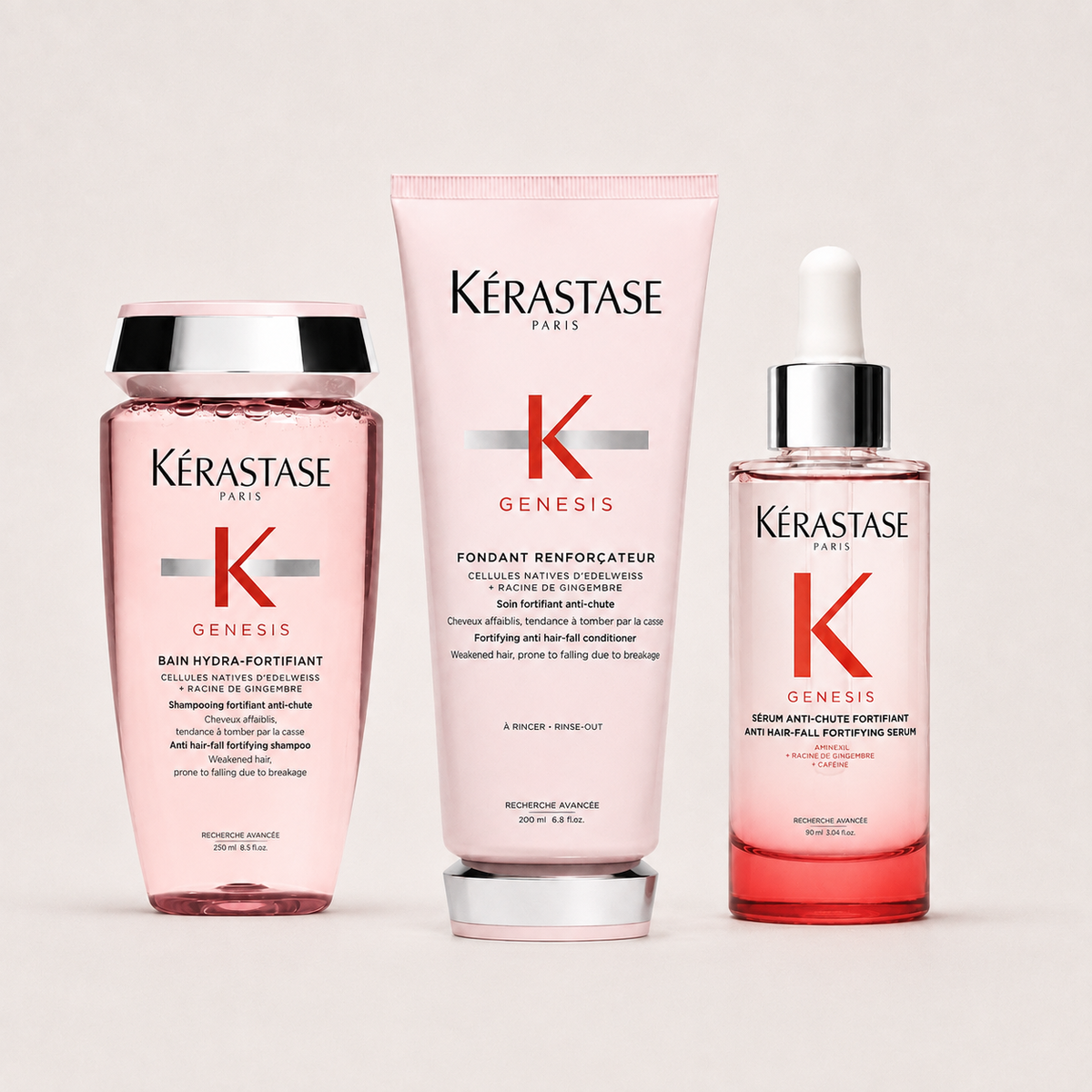Kérastase Genesis Strength Routine med Bain Hydra-Fortifiant, Fondant Renforçateur och Serum Anti-Chute Fortifiant