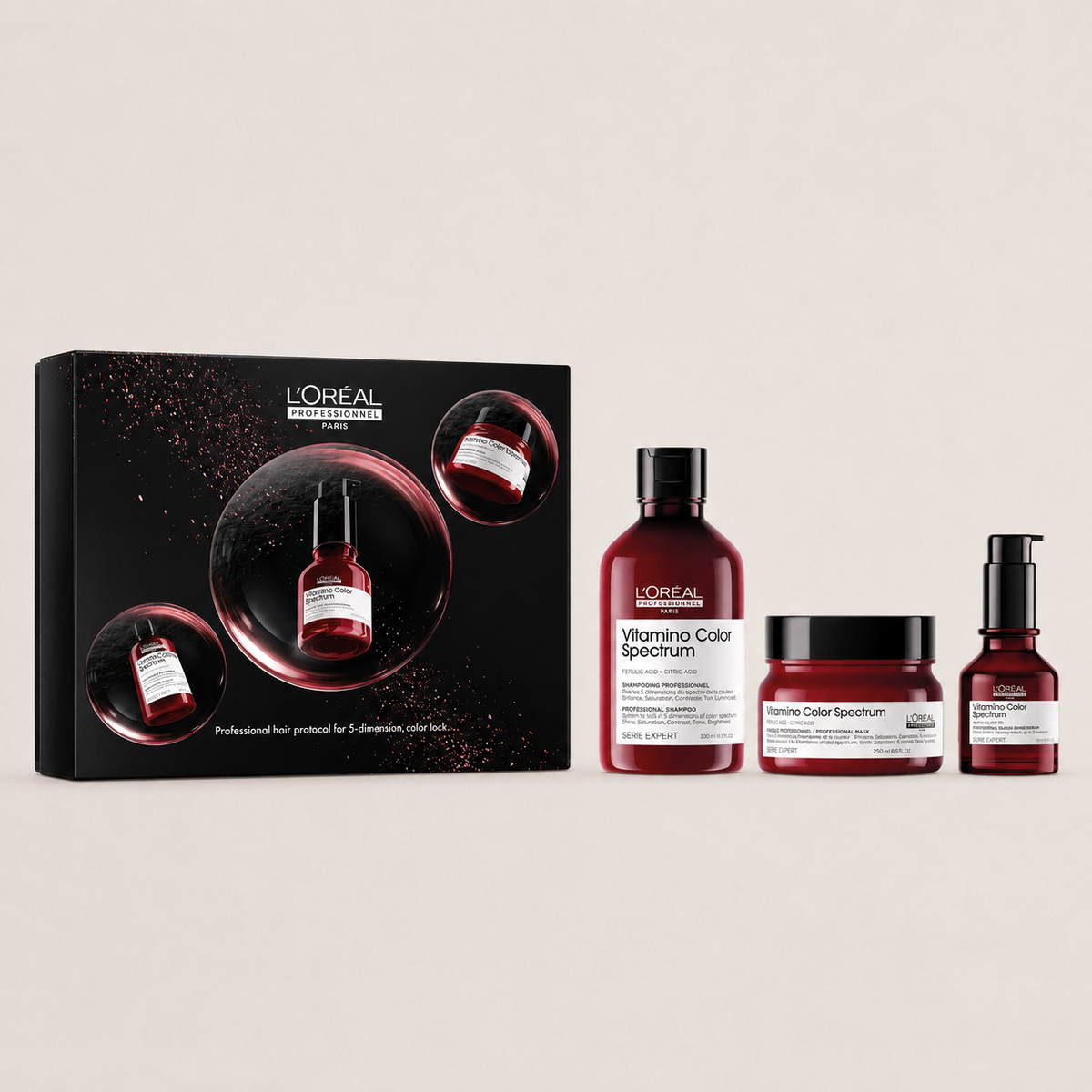 L'Oréal Professionnel Vitamino Color Spectrum Gåvobox med Shampoo 300 ml, Mask 250 ml och Glass Shine Serum 50 ml