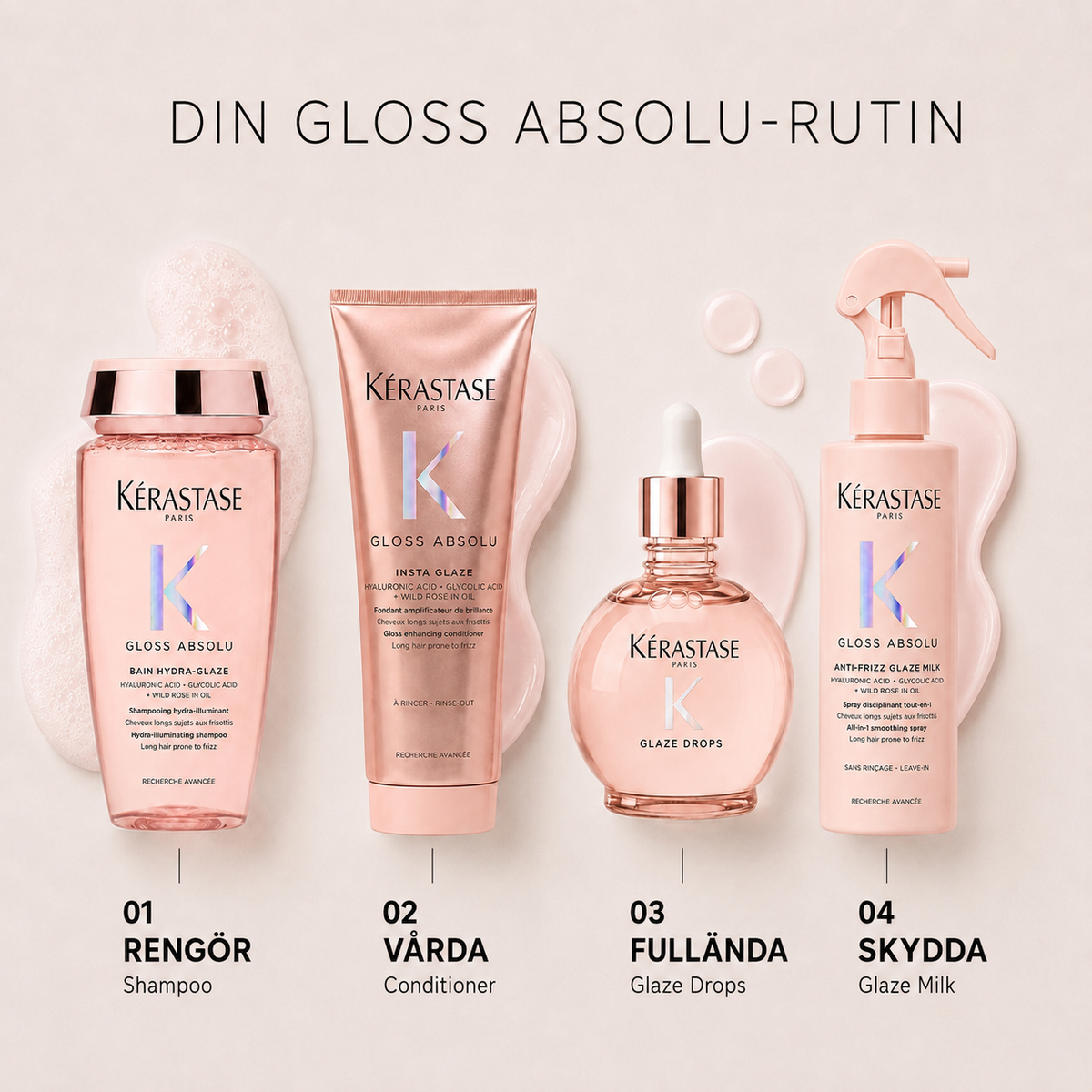 Kérastase Gloss Absolu-rutin med Bain Hydra-Glaze, Insta Glaze, Glaze Drops och Anti-Frizz Glaze Milk