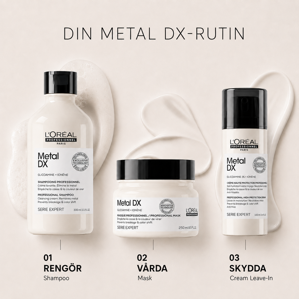 Metal DX-rutin i tre steg – Shampoo, Mask och Cream Leave-In
