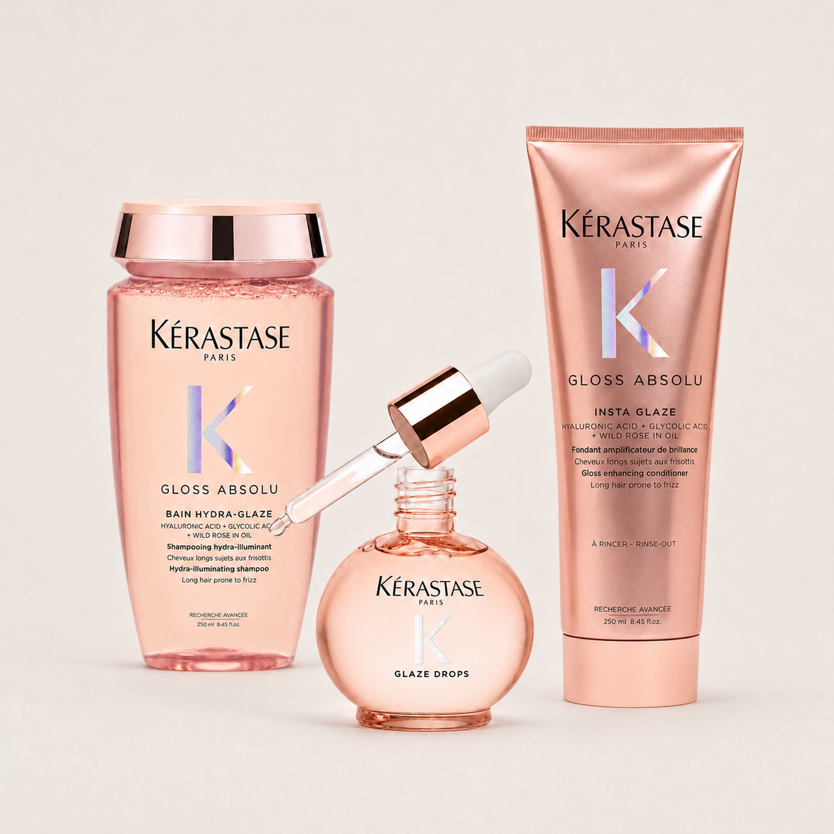 Kérastase Gloss Absolu Shine Ritual med Bain Hydra-Glaze, Insta Glaze och Glaze Drops