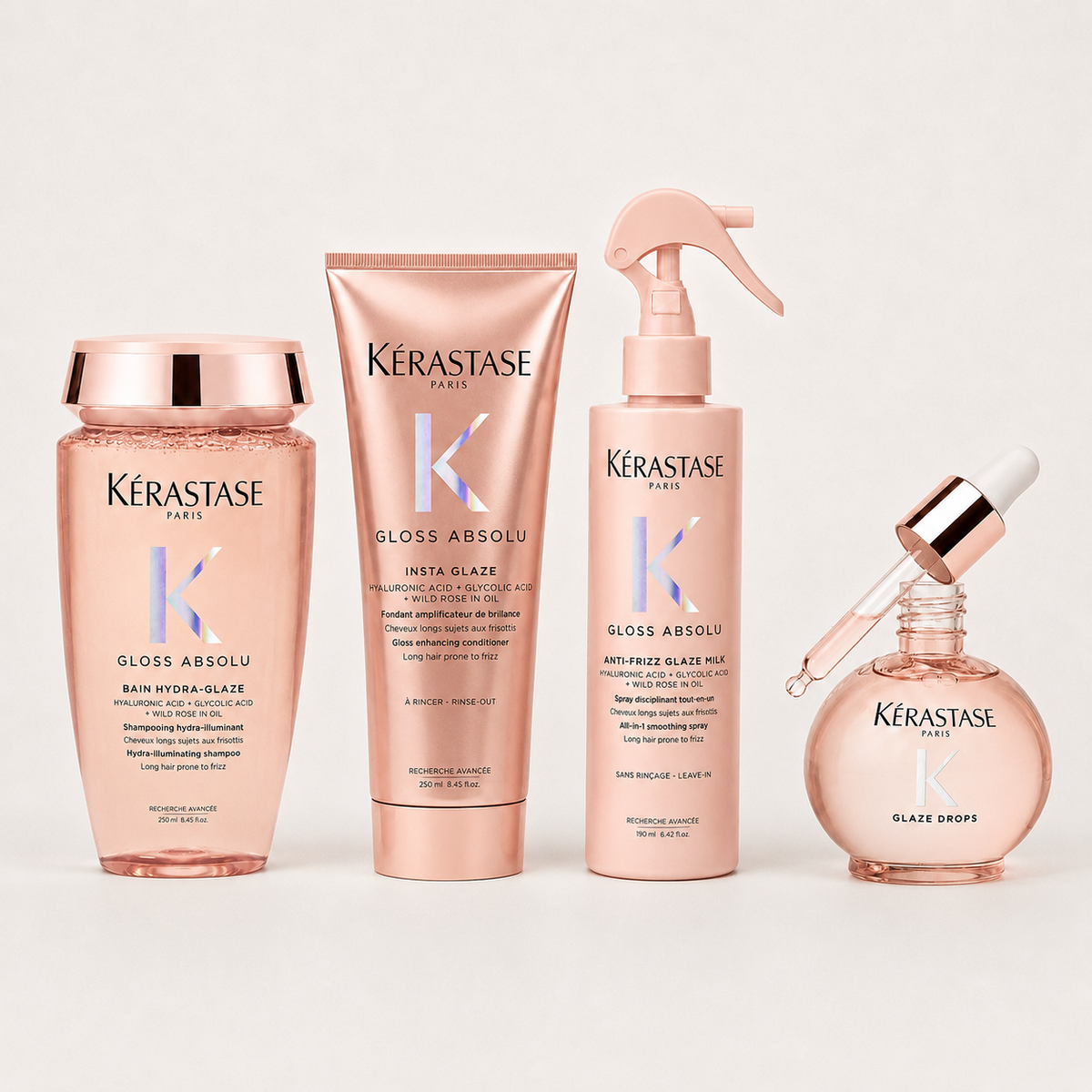 Kérastase Gloss Absolu Full Ritual med Bain Hydra-Glaze, Insta Glaze, Anti-Frizz Glaze Milk och Glaze Drops
