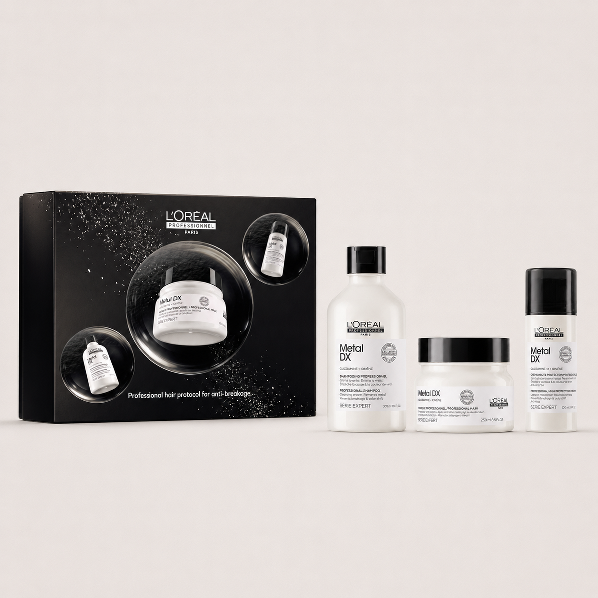 L'Oréal Professionnel Metal DX Gåvobox med Shampoo 300 ml, Mask 250 ml och Cream Leave-In 100 ml